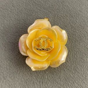 Upcycled Golden Yellow Acrylic Camelia Charm with Gold Logo